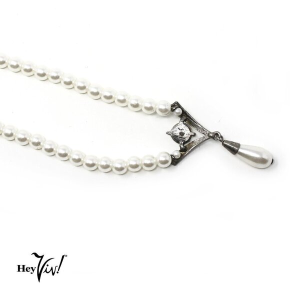 Vintage Faux Pearl Necklace w Center Rhinestone Pearl Drop - 15" Choker - Picture 4 of 6